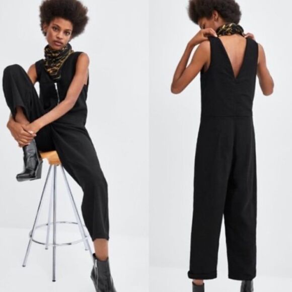 Zara TRF Collection Black Denim Jumpsuit Front Zipper Medium - Picture 3 of 11